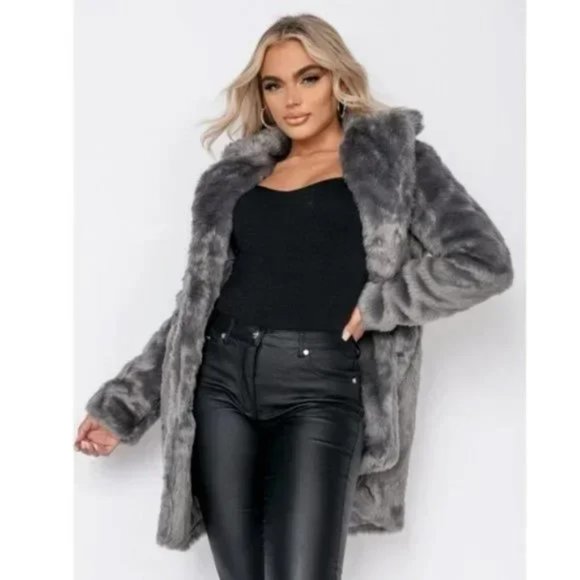 Gray Faux Fur Long Sleeve Collared Coat - Picture 8 of 16